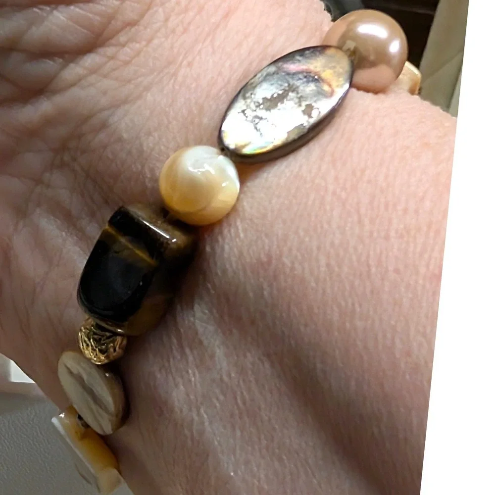 Vintage Tiger Eye Mother of Pearl‎ Stretch Bracelet Brown Earthy Beaded Beads